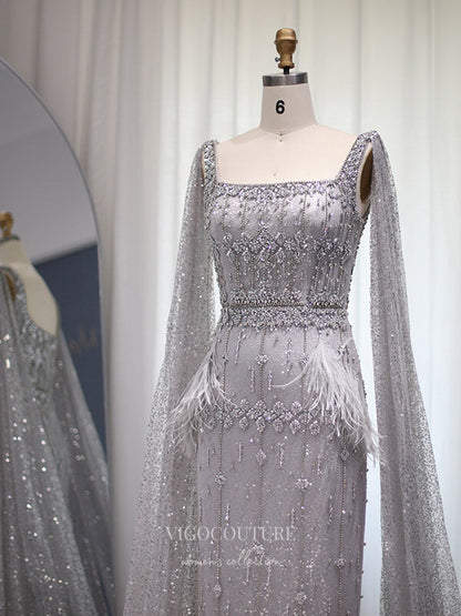 Beaded Tea-Length Prom Dresses Cape Sleeve Evening Dress 22122 Silver / US4 Beaded Tea-Length Prom Dresses Cape Sleeve Evening Dress 22122 Silver / US4