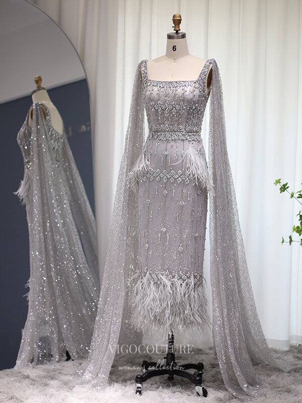 Prom Dress 2025 Beaded Tea-Length Prom Dresses Cape Sleeve Evening Dress 22122-unique elegant Prom Dresses-Silver-US2-vigocouture