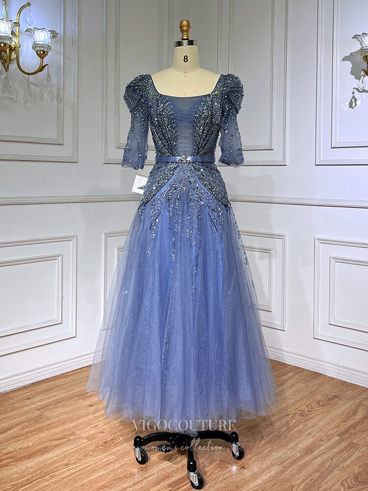 Beaded Tea-Length Prom Dresses Elbow Sleeve Formal Dress 22104 Blue / US8 Beaded Tea-Length Prom Dresses Elbow Sleeve Formal Dress 22104 Blue / US8