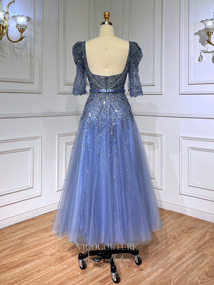 Prom Dress 2025 Beaded Tea-Length Prom Dresses Elbow Sleeve Formal Dress 22104-unique elegant Prom Dresses-Blue-US2-vigocouture