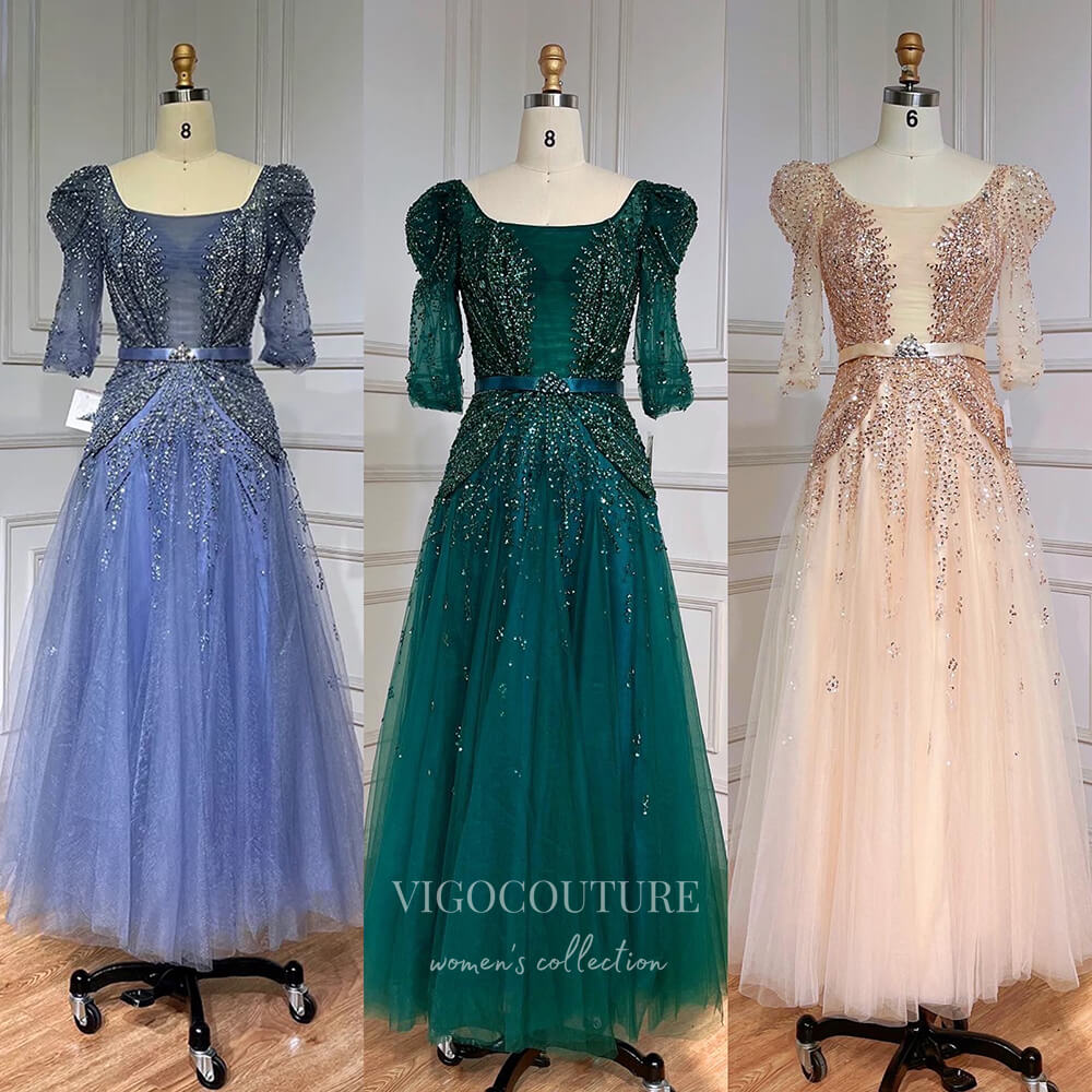 Prom Dress 2025 Beaded Tea-Length Prom Dresses Elbow Sleeve Formal Dress 22104-unique elegant Prom Dresses-Blue-US2-vigocouture