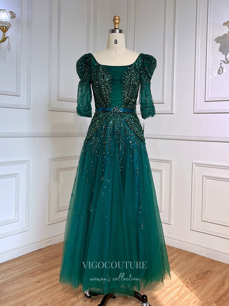 Beaded Tea-Length Prom Dresses Elbow Sleeve Formal Dress 22104 Blue / US8