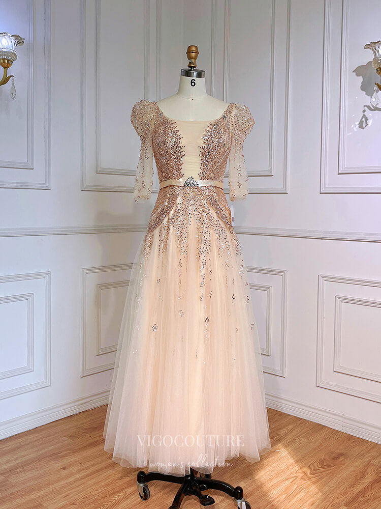 Beaded Tea-Length Prom Dresses Elbow Sleeve Formal Dress 22104 – vigocouture