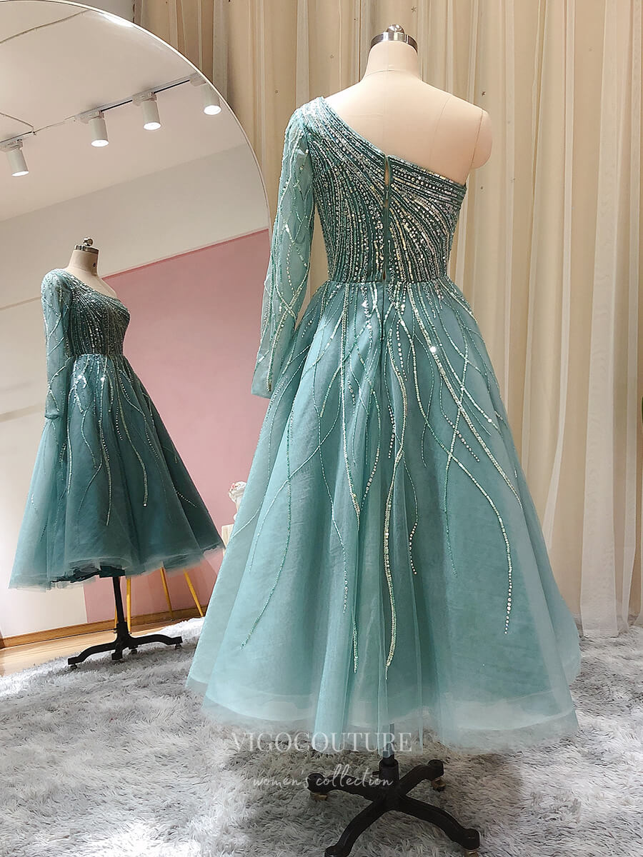 Prom Dress 2025 Beaded Tea-Length Prom Dresses One Shoulder Long Sleeve Evening Dress 22161-unique elegant Prom Dresses-Light Green-US2-vigocouture