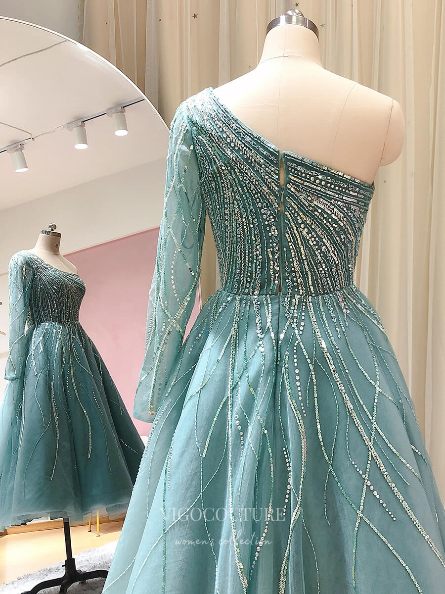 Prom Dress 2025 Beaded Tea-Length Prom Dresses One Shoulder Long Sleeve Evening Dress 22161-unique elegant Prom Dresses-Light Green-US2-vigocouture