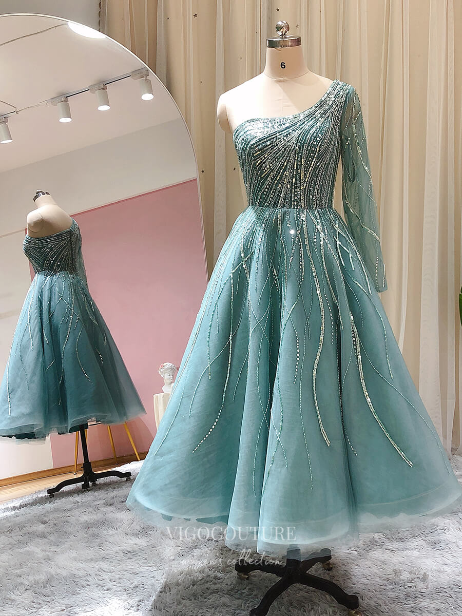 Prom Dress 2025 Beaded Tea-Length Prom Dresses One Shoulder Long Sleeve Evening Dress 22161-unique elegant Prom Dresses-Light Green-US2-vigocouture