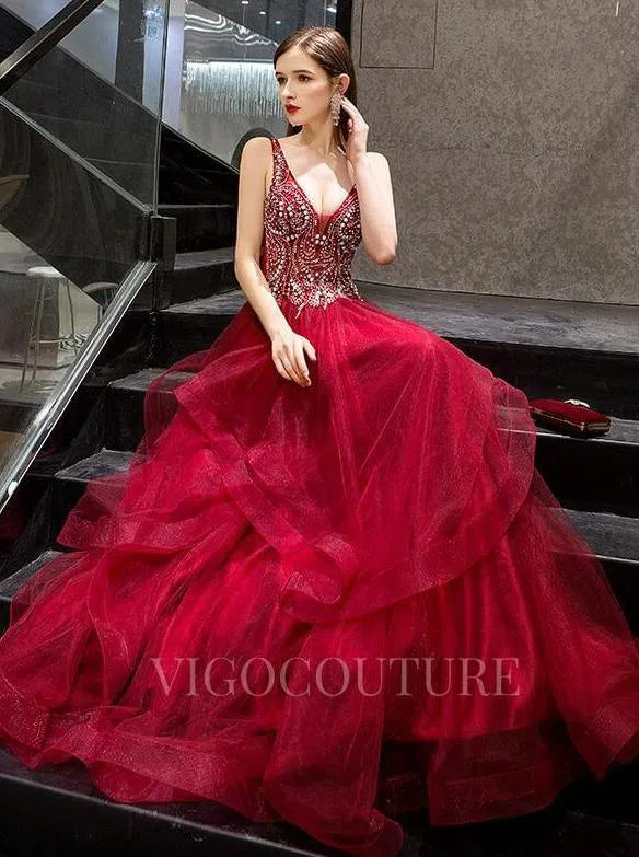 Prom Dress 2025 Beaded Tiered A-Line Prom Dresses 20015-unique elegant Prom Dresses-Red-US2-vigocouture