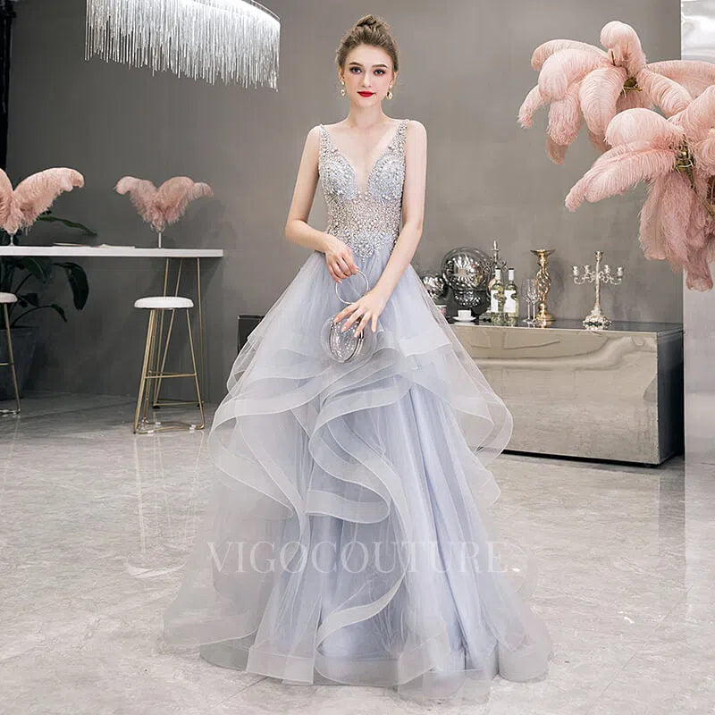 Prom Dress 2025 Beaded Tiered A-Line Prom Dresses 20015-unique elegant Prom Dresses-Silver-US2-vigocouture