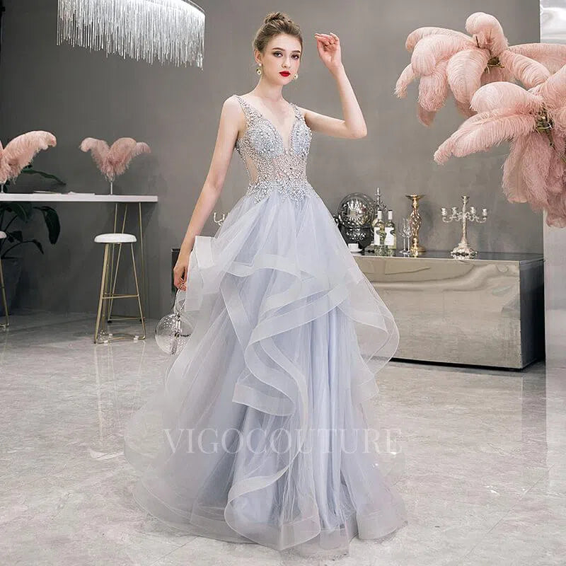 Prom Dress 2025 Beaded Tiered A-Line Prom Dresses 20015-unique elegant Prom Dresses-Silver-US2-vigocouture