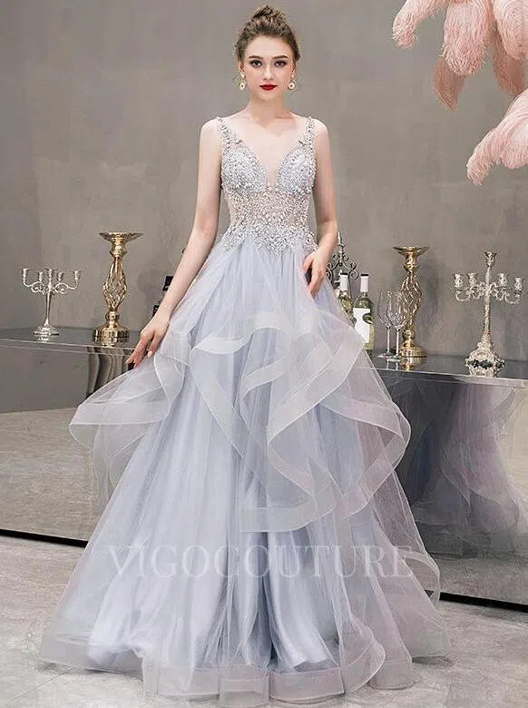 Prom Dress 2025 Beaded Tiered A-Line Prom Dresses 20015-unique elegant Prom Dresses-Silver-US2-vigocouture