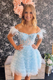 Short Prom Dresses 2025 Beaded Tiered Hoco Dresses Off the Shoulder Homecoming Dresses hc213-Prom Dresses-vigocouture-Light Blue-US0-vigocouture