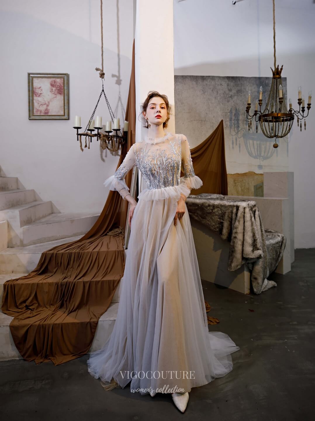 Beaded Tiered Long Sleeve Prom Dress 20195 Grey / US16 Beaded Tiered Long Sleeve Prom Dress 20195 Grey / US16