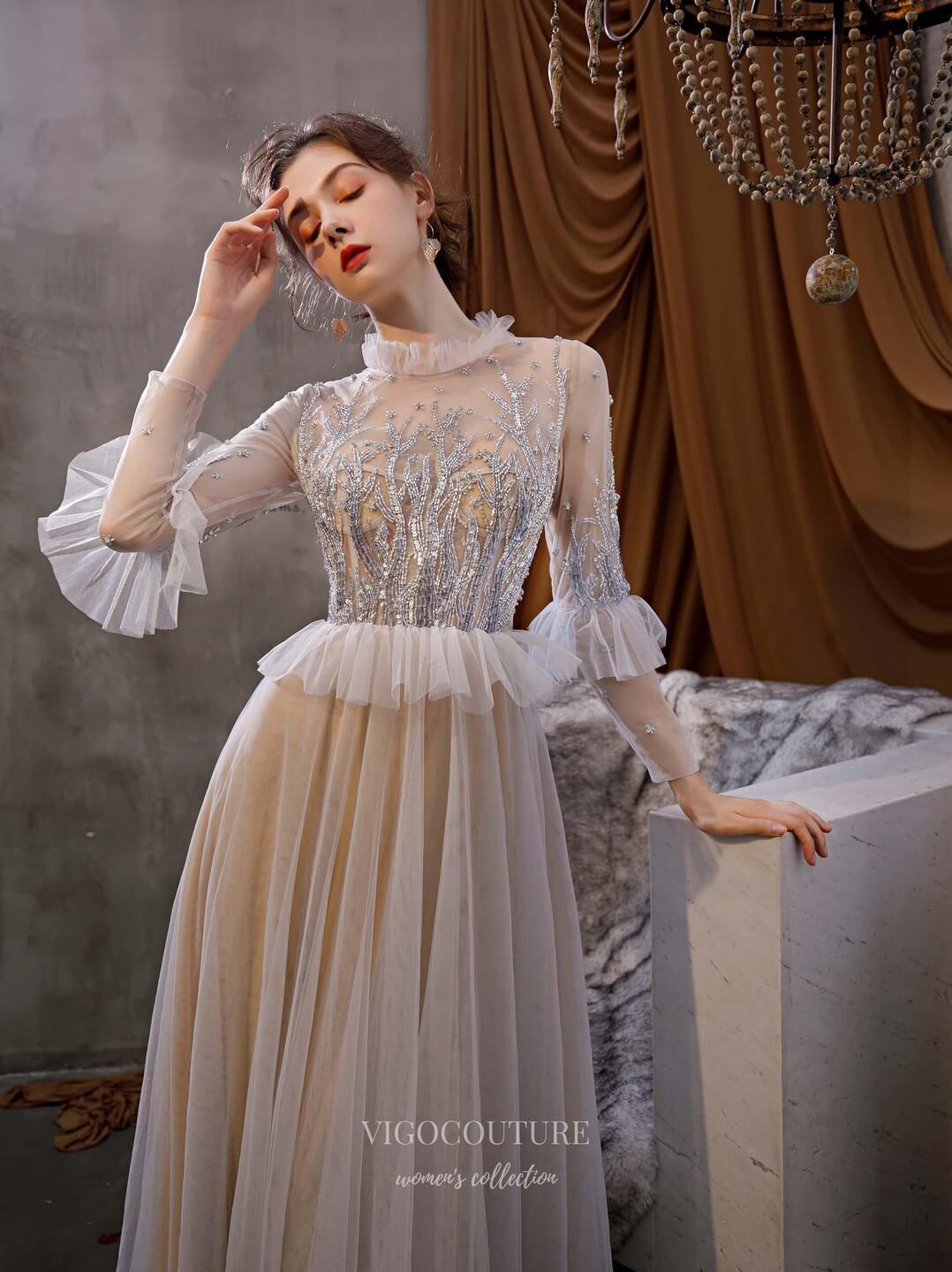 Beaded Tiered Long Sleeve Prom Dress 20195 Grey / US16 Beaded Tiered Long Sleeve Prom Dress 20195 Grey / US16