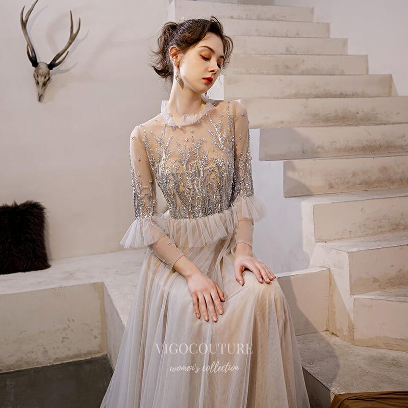 Beaded Tiered Long Sleeve Prom Dress 20195 Grey / US16 Beaded Tiered Long Sleeve Prom Dress 20195 Grey / US16