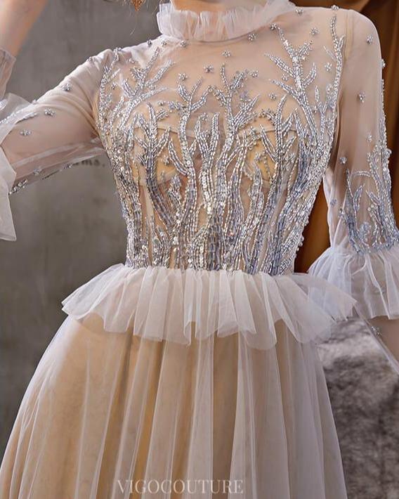 Prom Dress 2025 Beaded Tiered Long Sleeve Prom Dress 20195-unique elegant Prom Dresses-Grey-US2-vigocouture