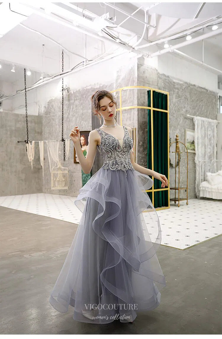 Beaded Tiered Prom Dress 20215 Grey / US16 Beaded Tiered Prom Dress 20215 Grey / US16