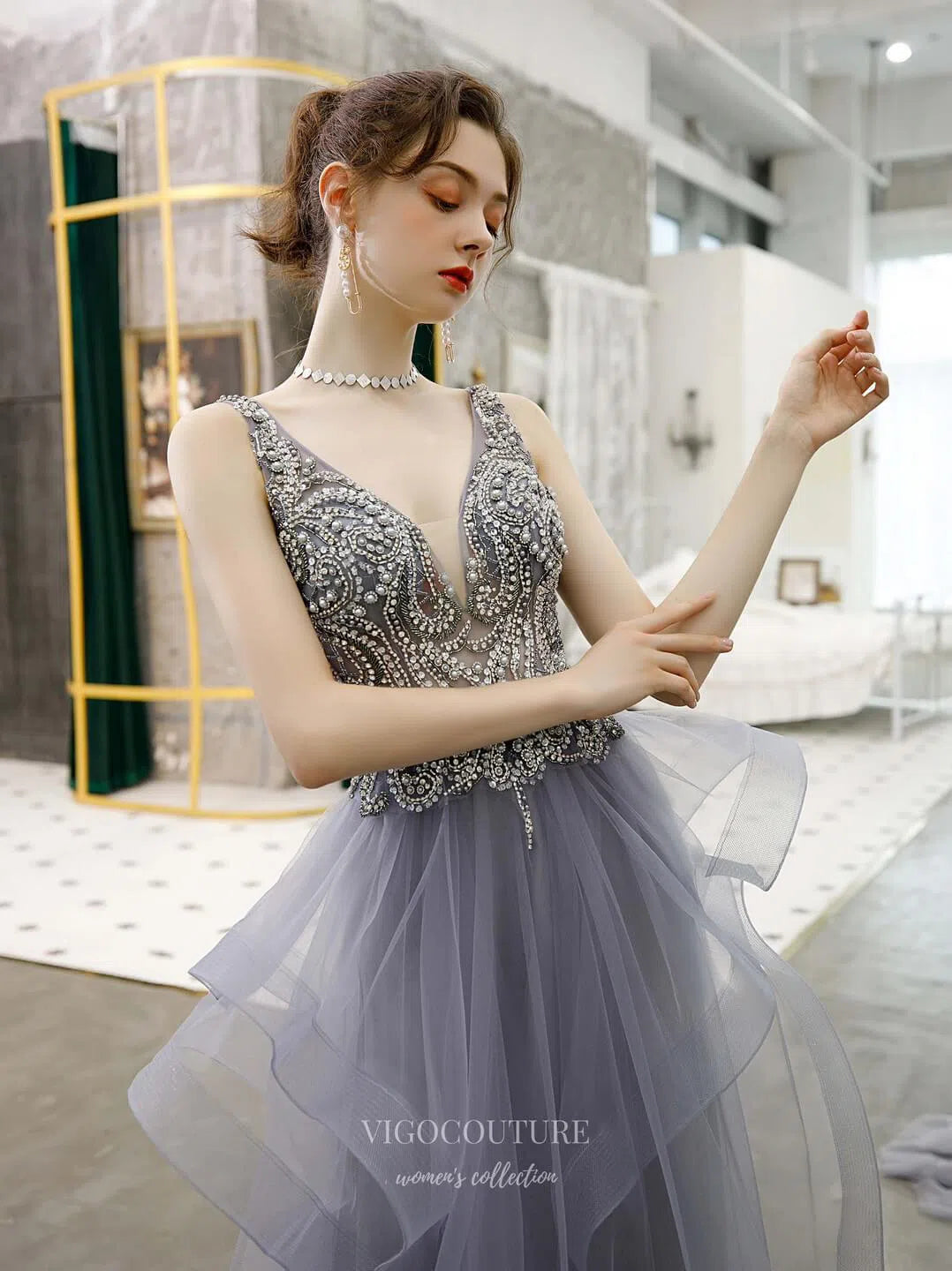 Beaded Tiered Prom Dress 20215 Grey / US16 Beaded Tiered Prom Dress 20215 Grey / US16
