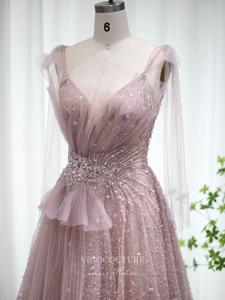 Prom Dress 2025 Beaded Tulle Prom Dresses Spaghetti Strap Formal Dress 22163-unique elegant Prom Dresses-Pink-US2-vigocouture