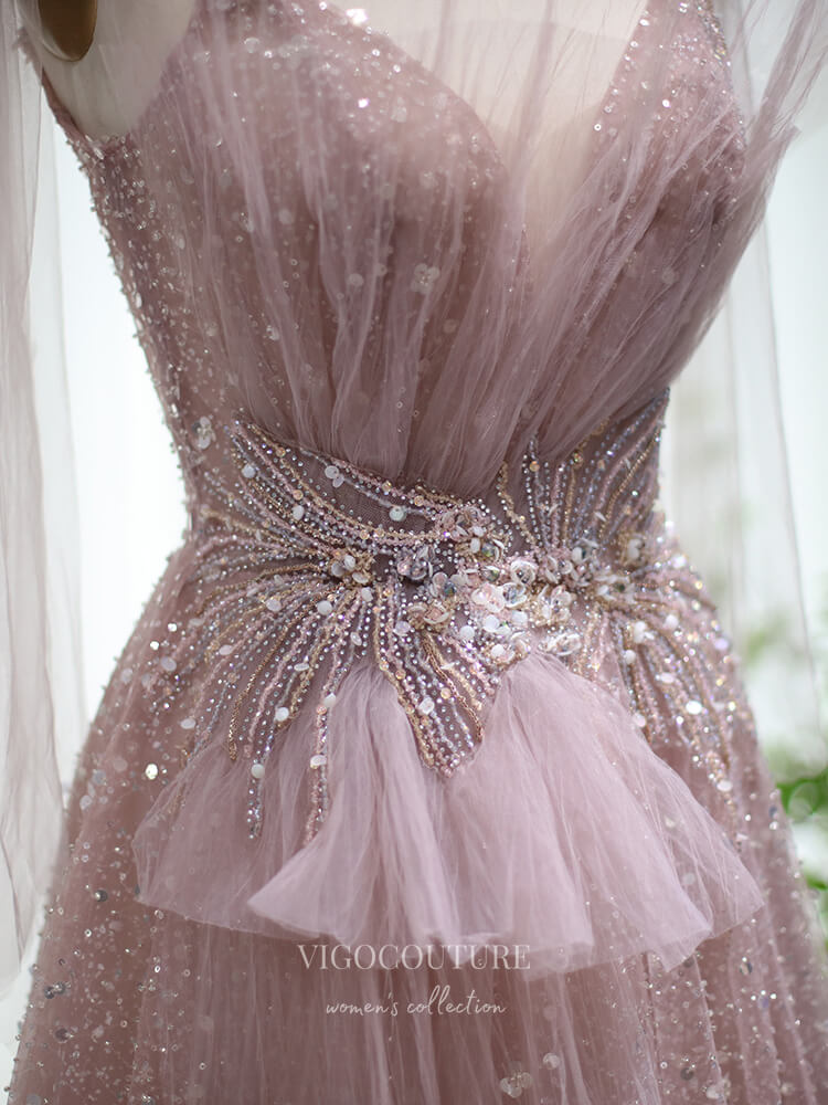 beading tulle prom dress A-Line V Neck Floor-Length Beaded Tulle Light Green Prom Dress with Slit