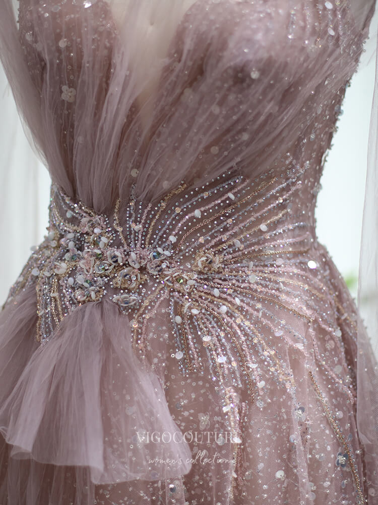 Prom Dress 2025 Beaded Tulle Prom Dresses Spaghetti Strap Formal Dress 22163-unique elegant Prom Dresses-Pink-US2-vigocouture