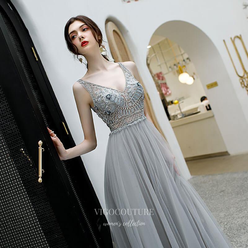 Prom Dress 2025 Beaded V-Neck Prom Dress 20201-unique elegant Prom Dresses-Grey-US2-vigocouture