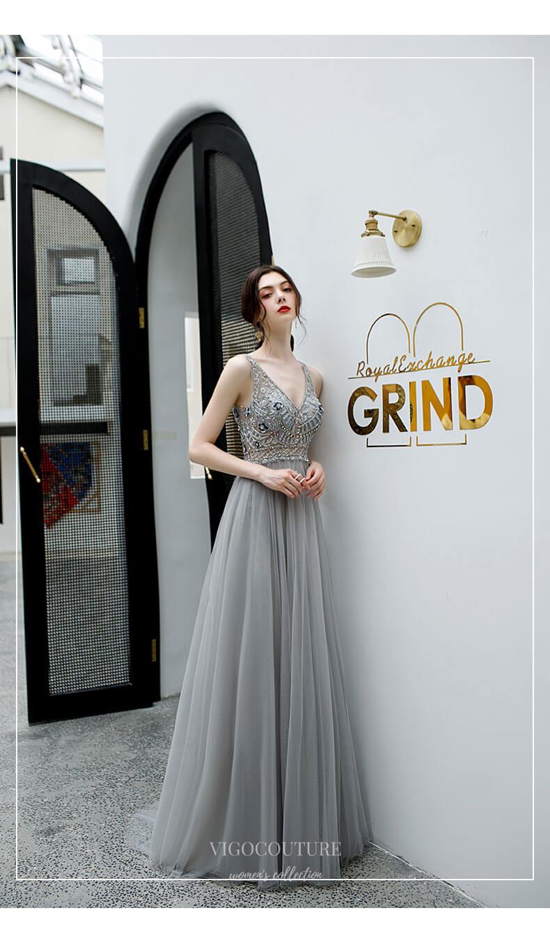 Beaded V-Neck Prom Dress 20201 - Grey / US8 Beaded V-Neck Prom Dress 20201 - Grey / US8