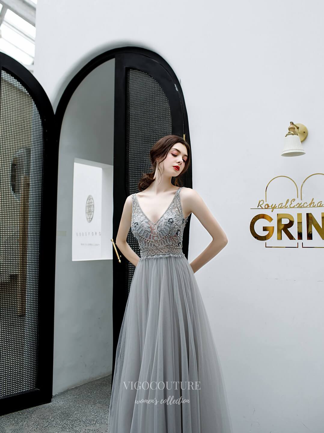 Prom Dress 2025 Beaded V-Neck Prom Dress 20201-unique elegant Prom Dresses-Grey-US2-vigocouture