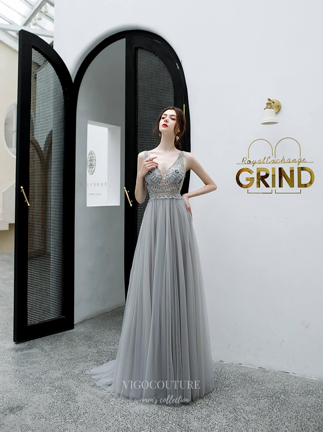 Prom Dress 2025 Beaded V-Neck Prom Dress 20201-unique elegant Prom Dresses-Grey-US2-vigocouture