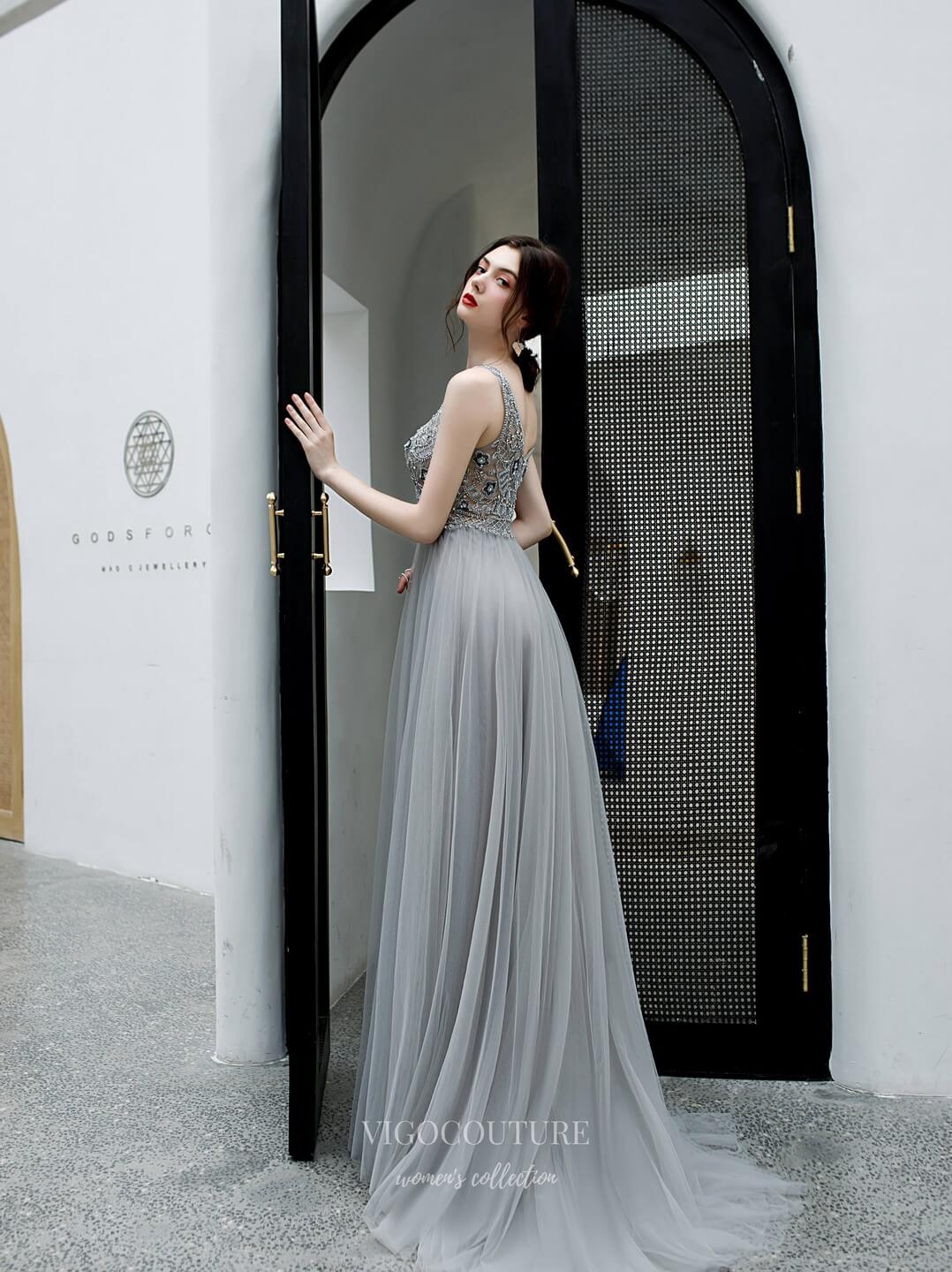 Prom Dress 2025 Beaded V-Neck Prom Dress 20201-unique elegant Prom Dresses-Grey-US2-vigocouture