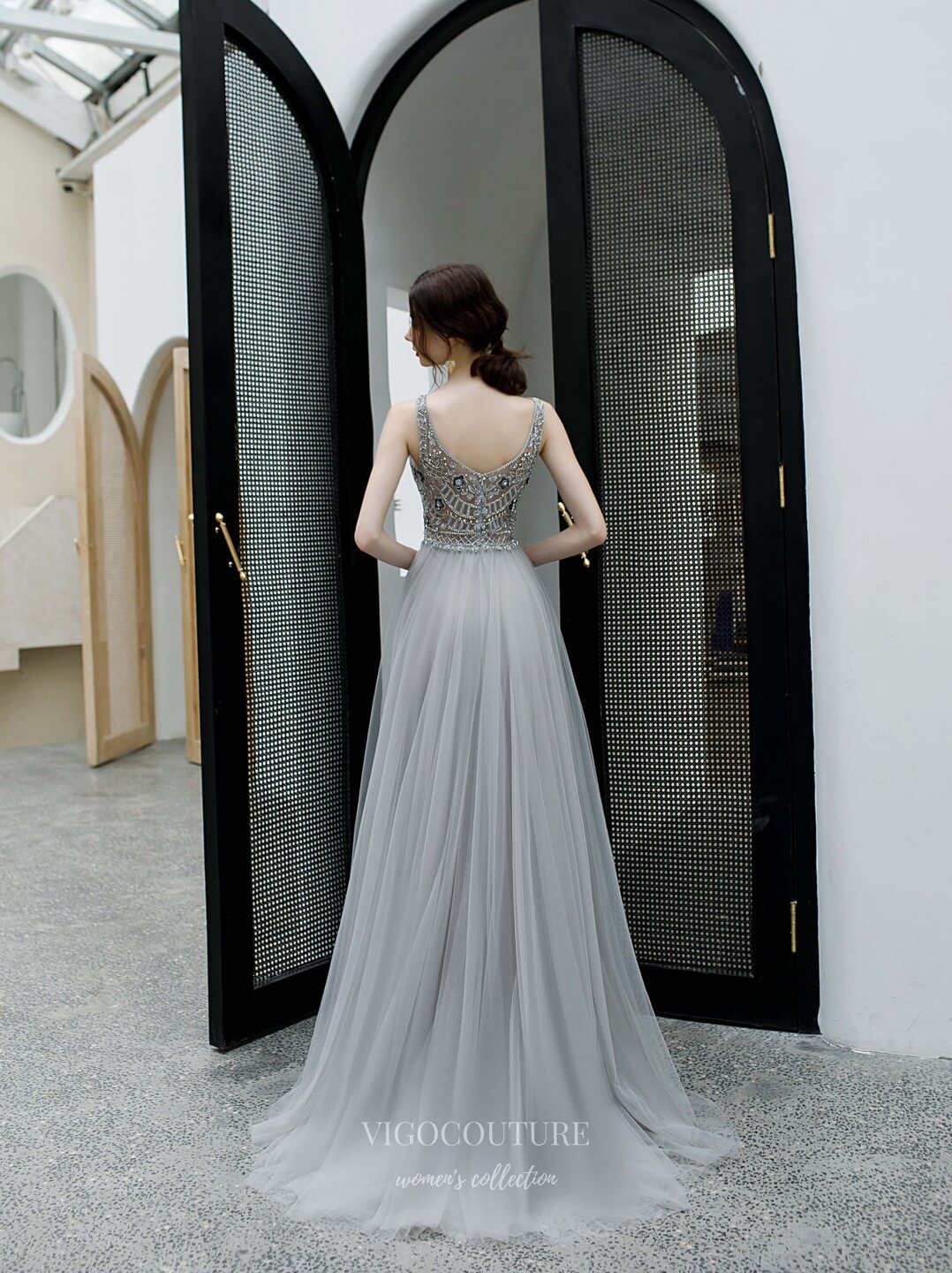 Prom Dress 2025 Beaded V-Neck Prom Dress 20201-unique elegant Prom Dresses-Grey-US2-vigocouture