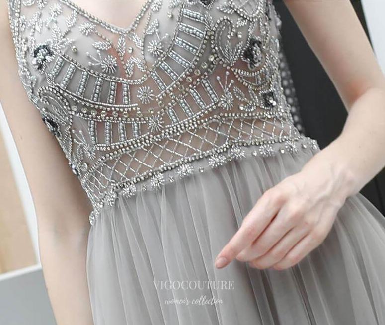 Prom Dress 2025 Beaded V-Neck Prom Dress 20201-unique elegant Prom Dresses-Grey-US2-vigocouture