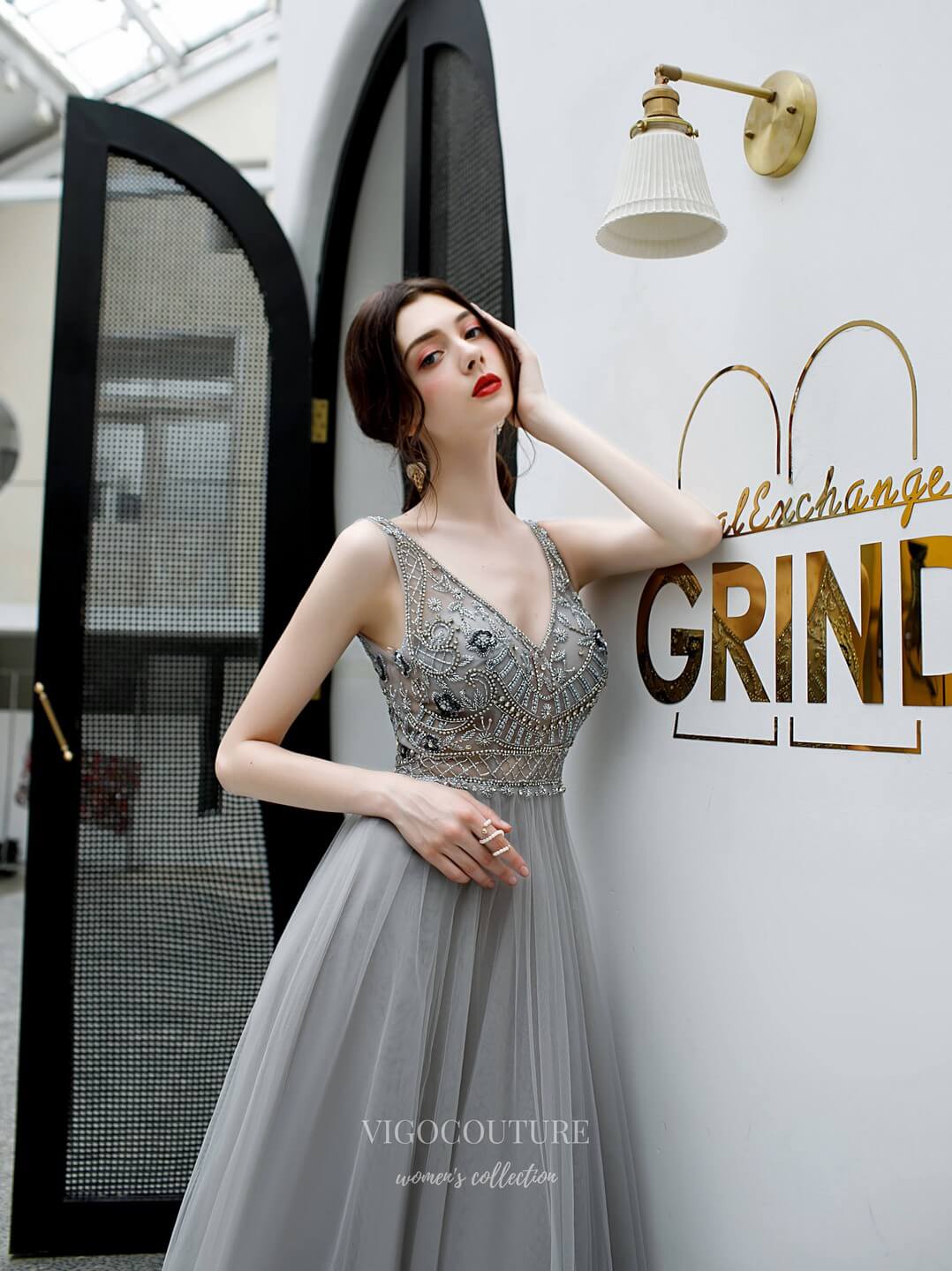 Prom Dress 2025 Beaded V-Neck Prom Dress 20201-unique elegant Prom Dresses-Grey-US2-vigocouture