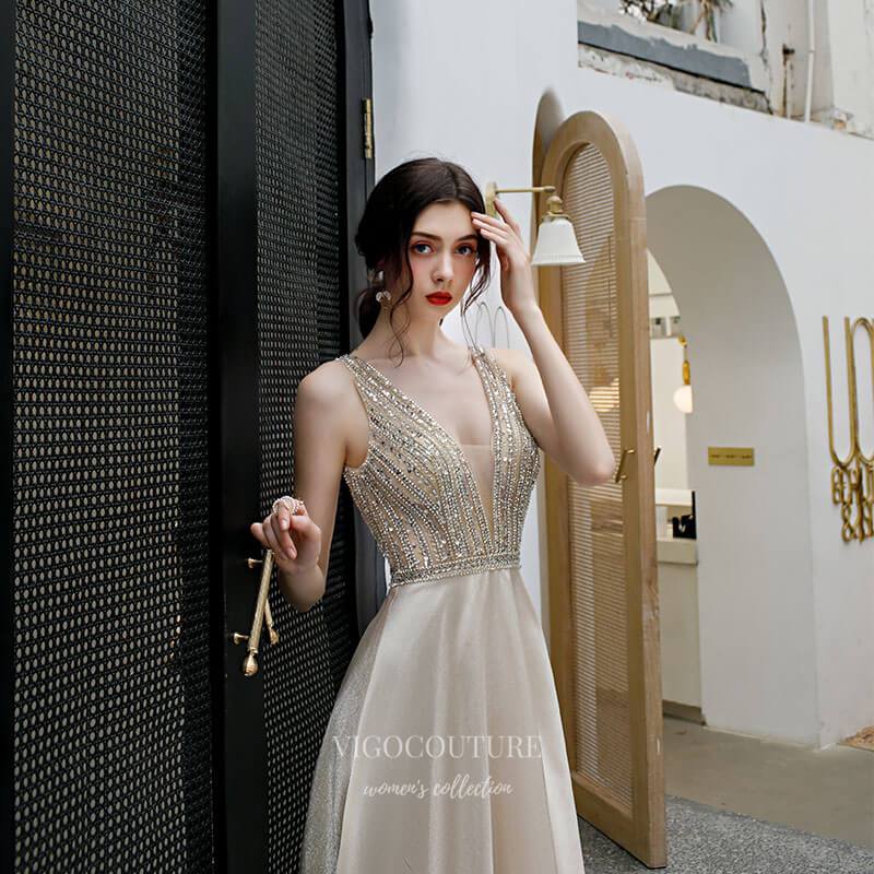 Prom Dress 2025 Beaded V-Neck Prom Dress 20220-unique elegant Prom Dresses-Champagne-US2-vigocouture