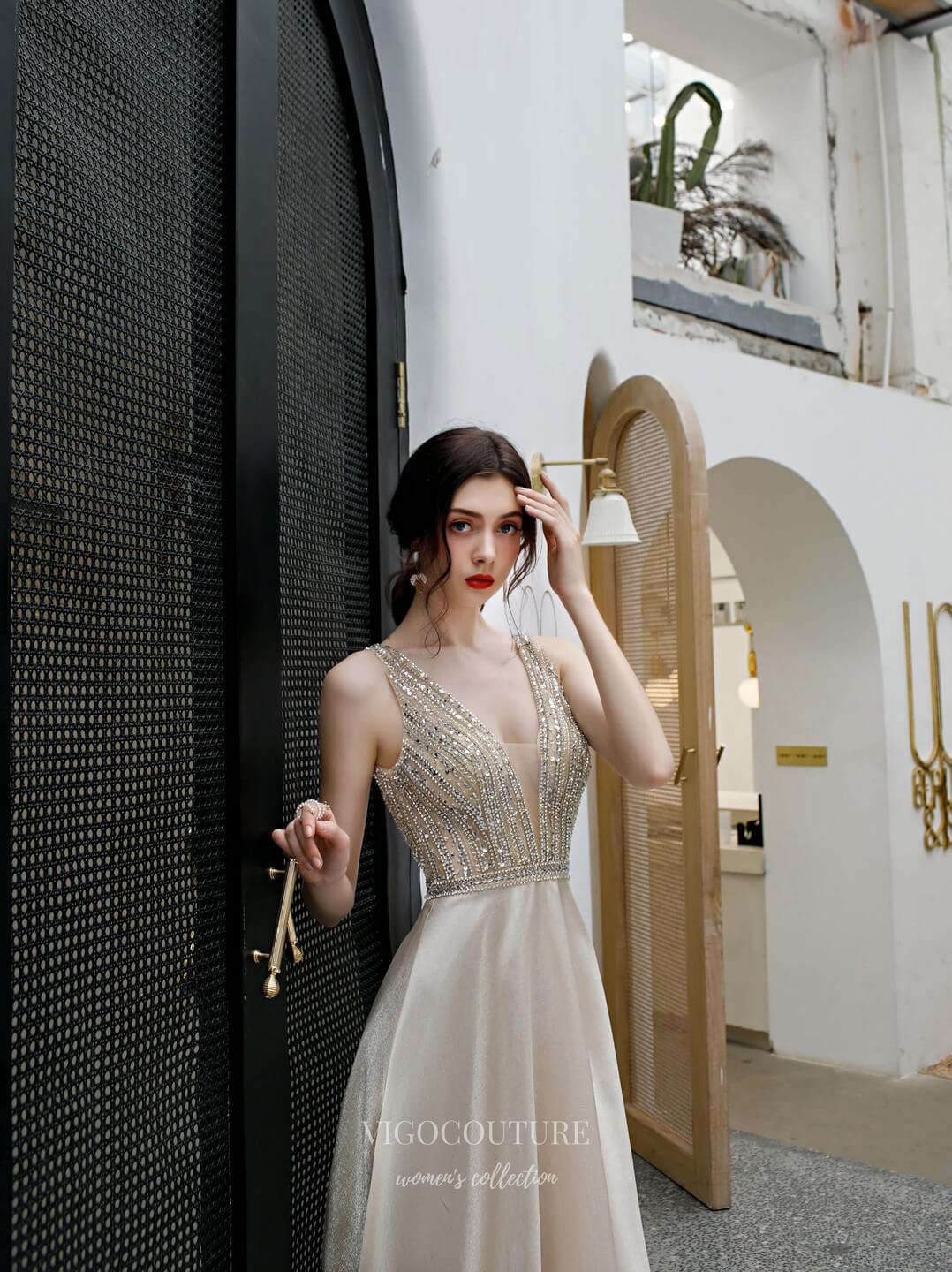 Prom Dress 2025 Beaded V-Neck Prom Dress 20220-unique elegant Prom Dresses-Champagne-US2-vigocouture