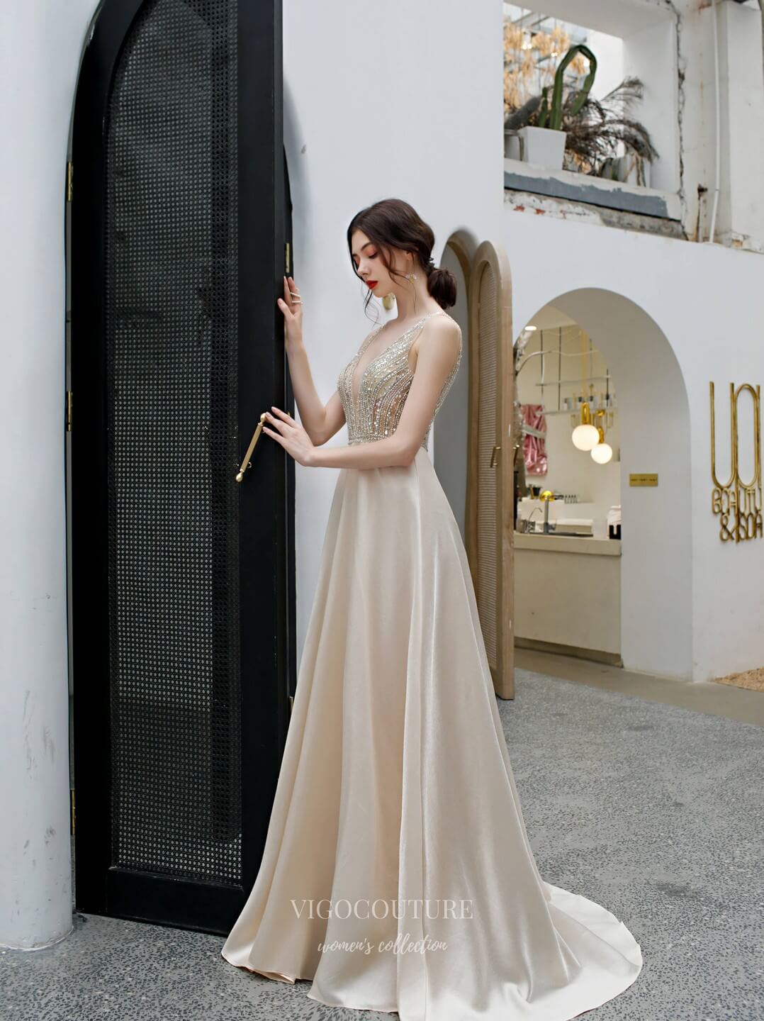 Prom Dress 2025 Beaded V-Neck Prom Dress 20220-unique elegant Prom Dresses-Champagne-US2-vigocouture