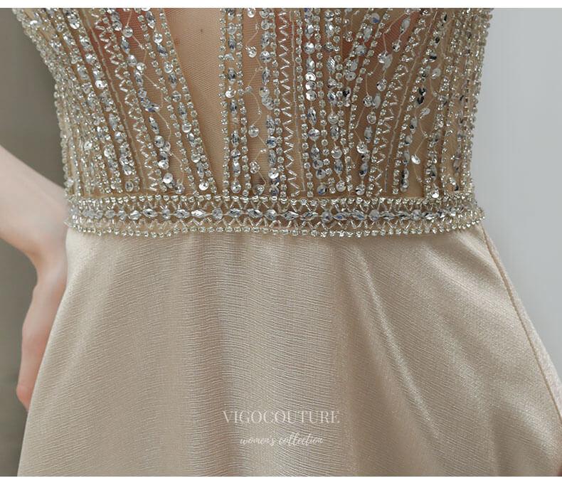 Prom Dress 2025 Beaded V-Neck Prom Dress 20220-unique elegant Prom Dresses-Champagne-US2-vigocouture