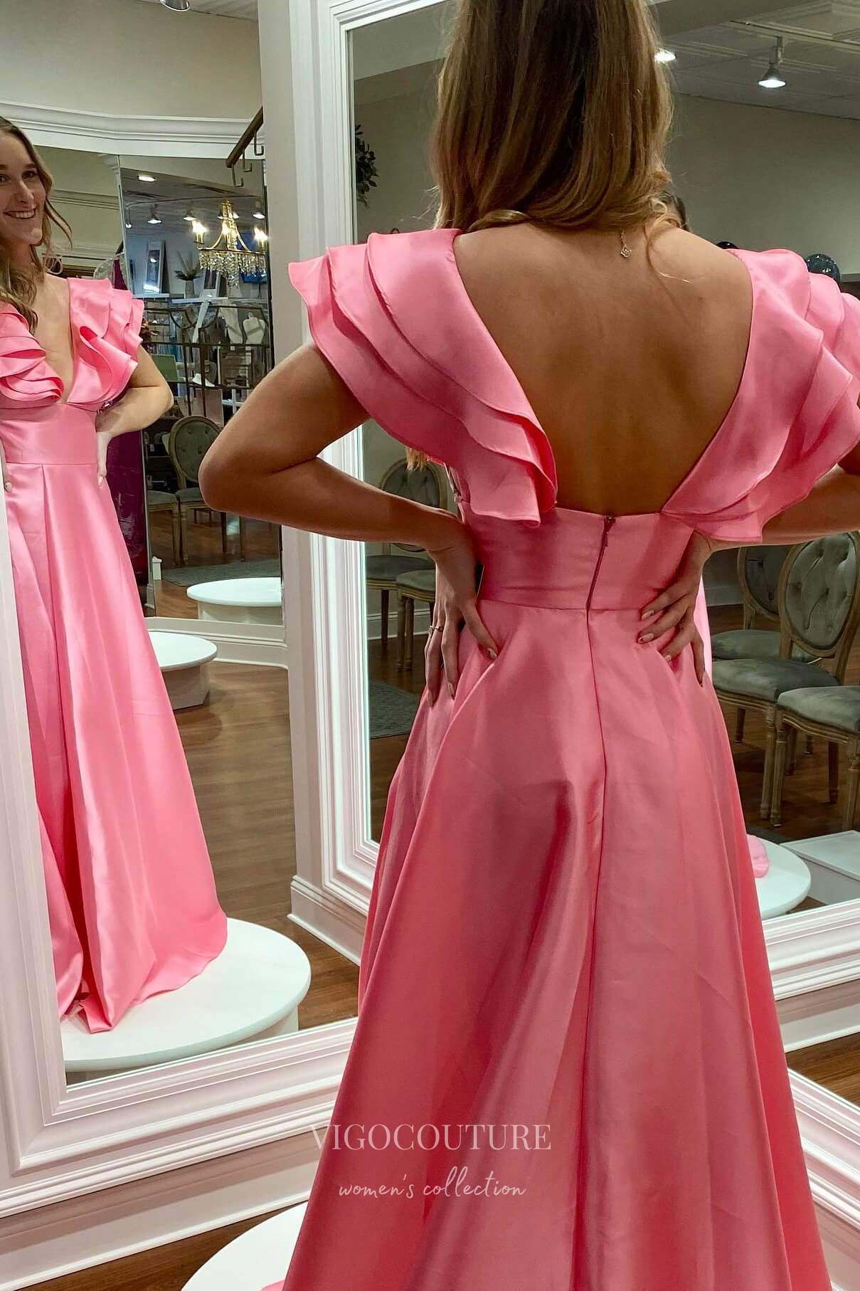 Prom Dress 2025 Beautiful Pink Satin Prom Dress with Flattering Slit and Ruffled Shoulder Detail 22191-unique elegant Prom Dresses-Pink-Custom Size-vigocouture