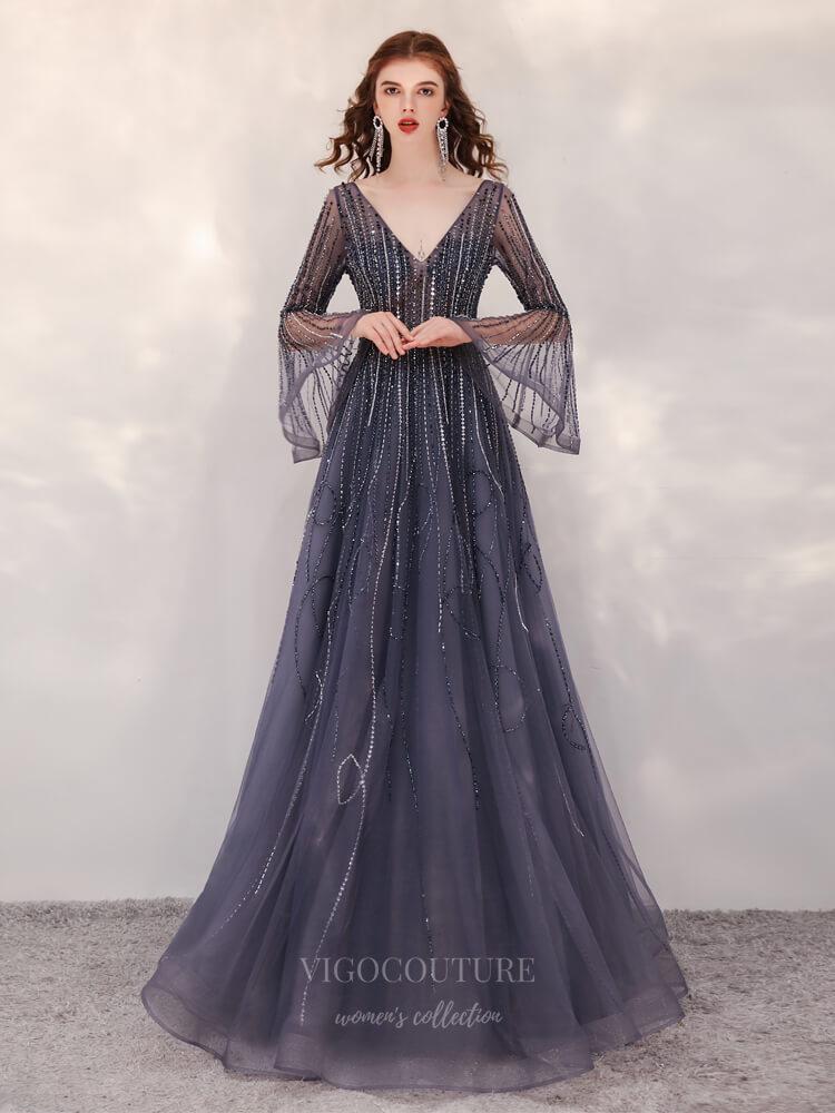 Prom Dress 2025 Bell Sleeve Beaded V-Neck Prom Dress 20256-unique elegant Prom Dresses-Grey-US2-vigocouture