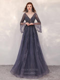 Prom Dress 2025 Bell Sleeve Beaded V-Neck Prom Dress 20256-unique elegant Prom Dresses-Grey-US2-vigocouture