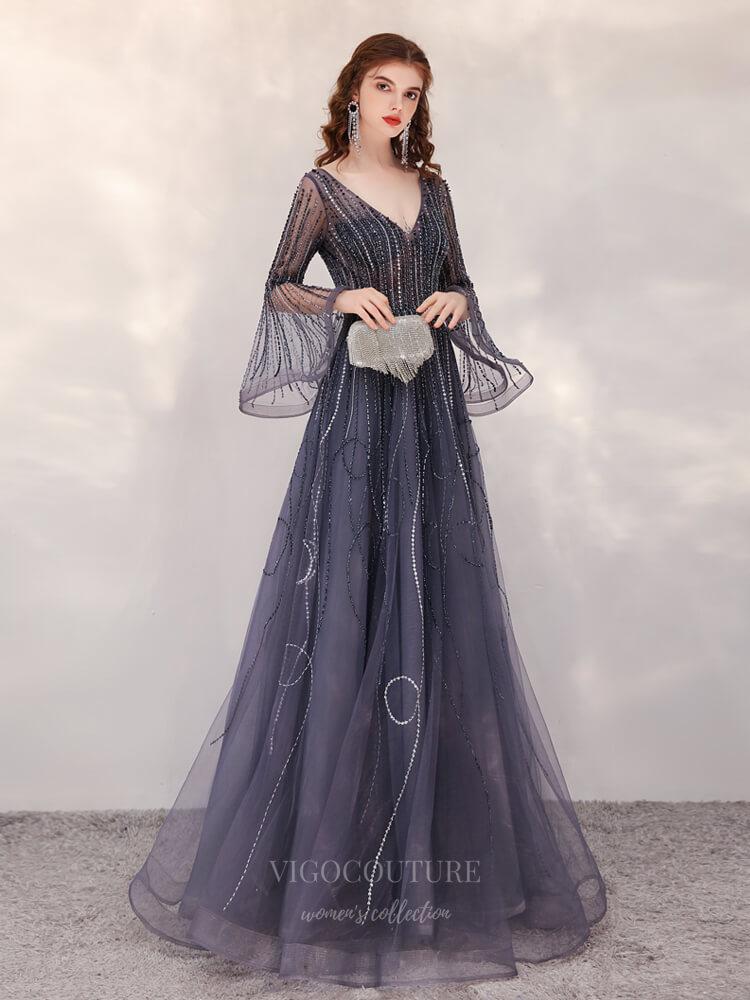 Prom Dress 2025 Bell Sleeve Beaded V-Neck Prom Dress 20256-unique elegant Prom Dresses-Grey-US2-vigocouture