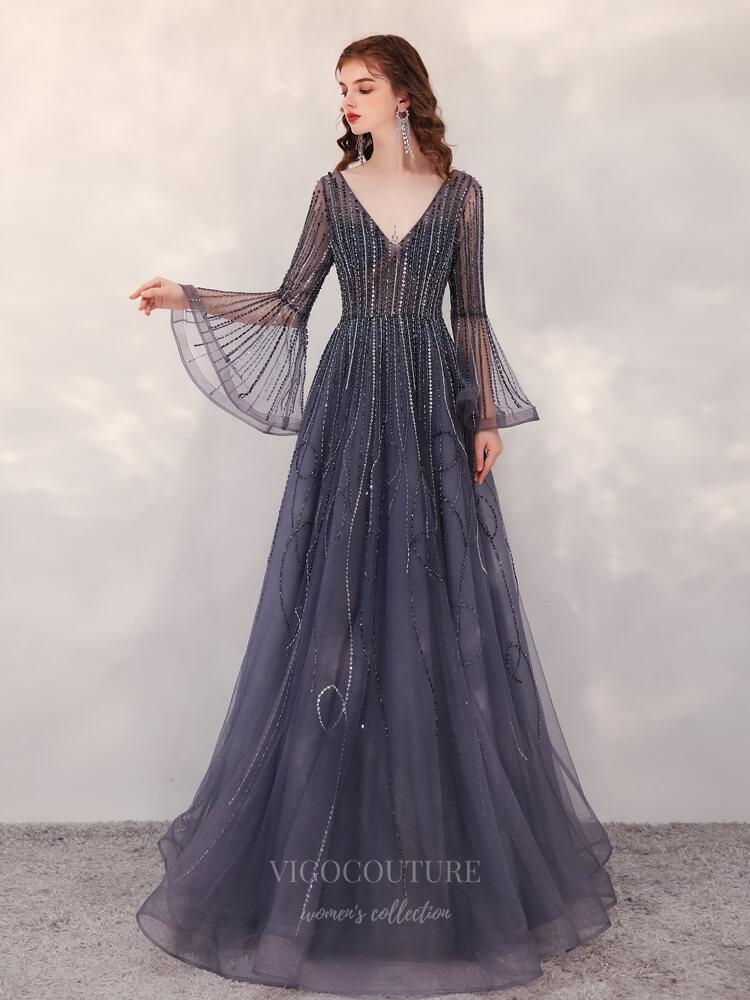 Prom Dress 2025 Bell Sleeve Beaded V-Neck Prom Dress 20256-unique elegant Prom Dresses-Grey-US2-vigocouture