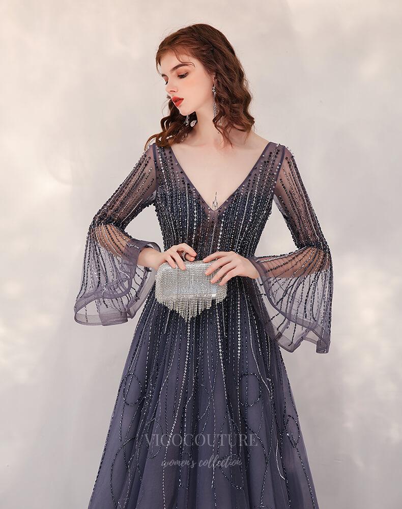 Prom Dress 2025 Bell Sleeve Beaded V-Neck Prom Dress 20256-unique elegant Prom Dresses-Grey-US2-vigocouture