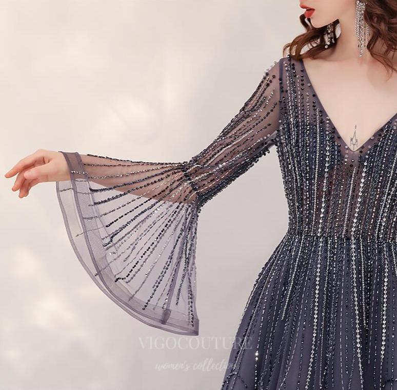 Prom Dress 2025 Bell Sleeve Beaded V-Neck Prom Dress 20256-unique elegant Prom Dresses-Grey-US2-vigocouture