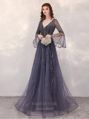 Bell Sleeve Beaded V-Neck Prom Dress 20256