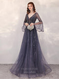 Prom Dress 2025 Bell Sleeve Beaded V-Neck Prom Dress 20256-unique elegant Prom Dresses-Grey-US2-vigocouture