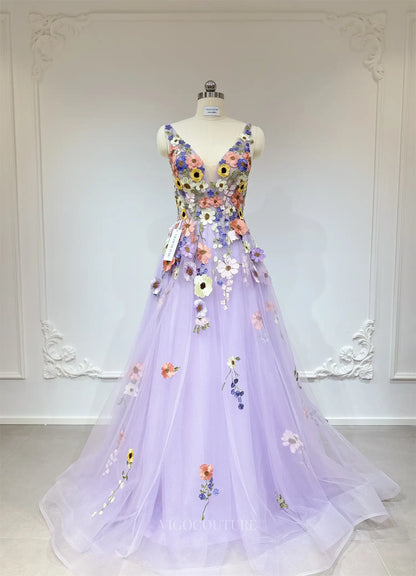 Bella Gown – Lavender Blossom Dress with V-Neck & Floral Appliqués