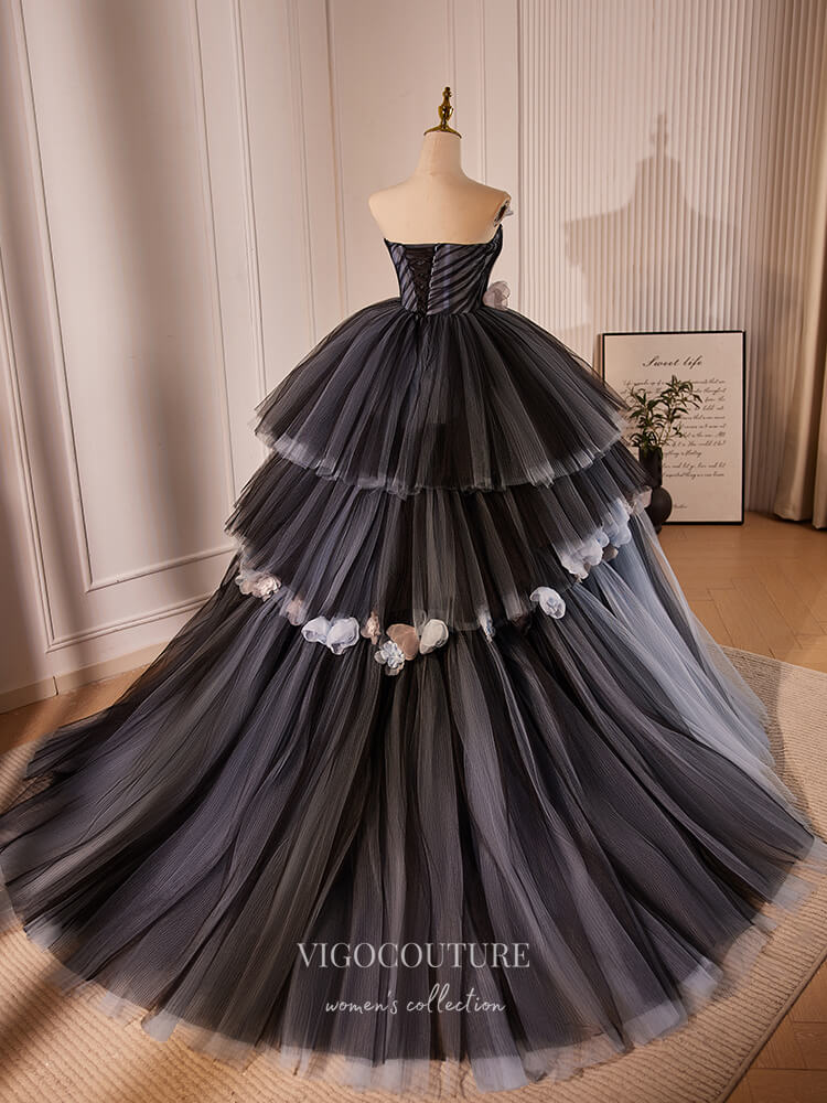 Prom Dress 2025 Black 3D Flower Tiered Prom Dresses Strapless Quinceanera Dress 24397-unique elegant Prom Dresses-Black-Custom Size-vigocouture