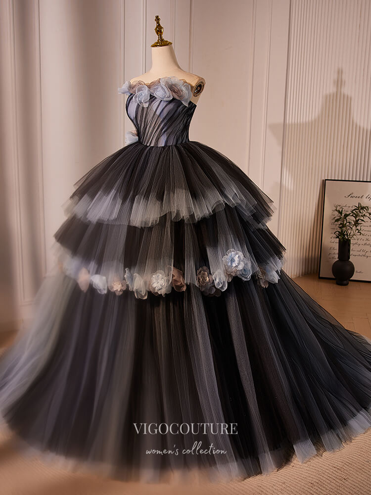 Prom Dress 2025 Black 3D Flower Tiered Prom Dresses Strapless Quinceanera Dress 24397-unique elegant Prom Dresses-Black-Custom Size-vigocouture