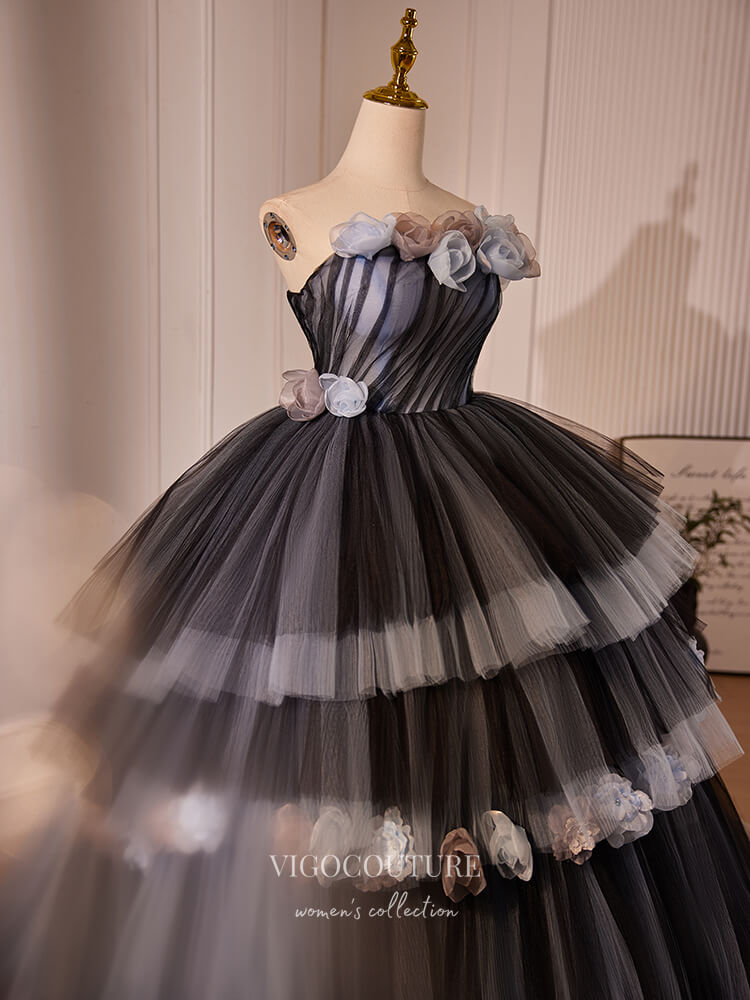 Prom Dress 2025 Black 3D Flower Tiered Prom Dresses Strapless Quinceanera Dress 24397-unique elegant Prom Dresses-Black-Custom Size-vigocouture