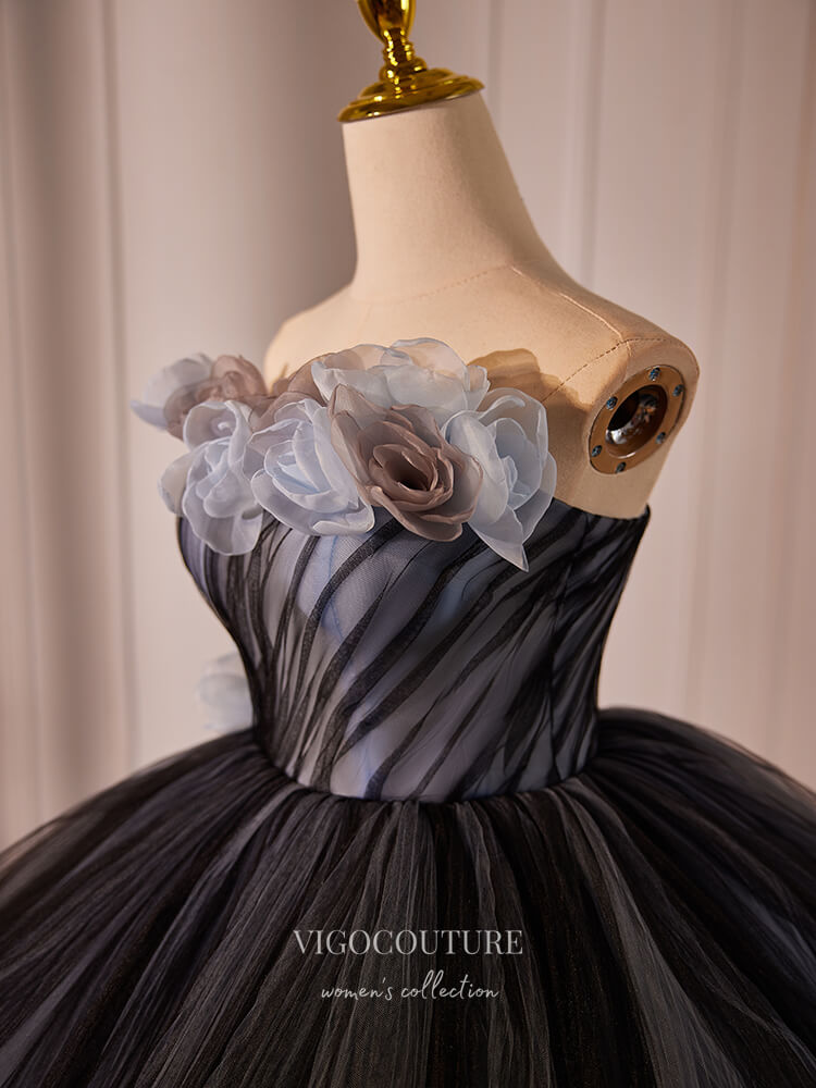 Prom Dress 2025 Black 3D Flower Tiered Prom Dresses Strapless Quinceanera Dress 24397-unique elegant Prom Dresses-Black-Custom Size-vigocouture